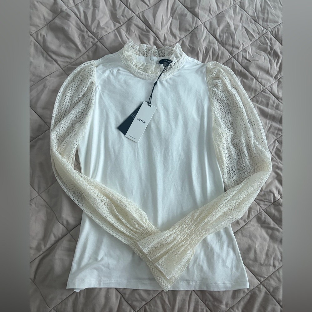 NWT Me + Em Lace Sleeve Balloon Layering Crewneck